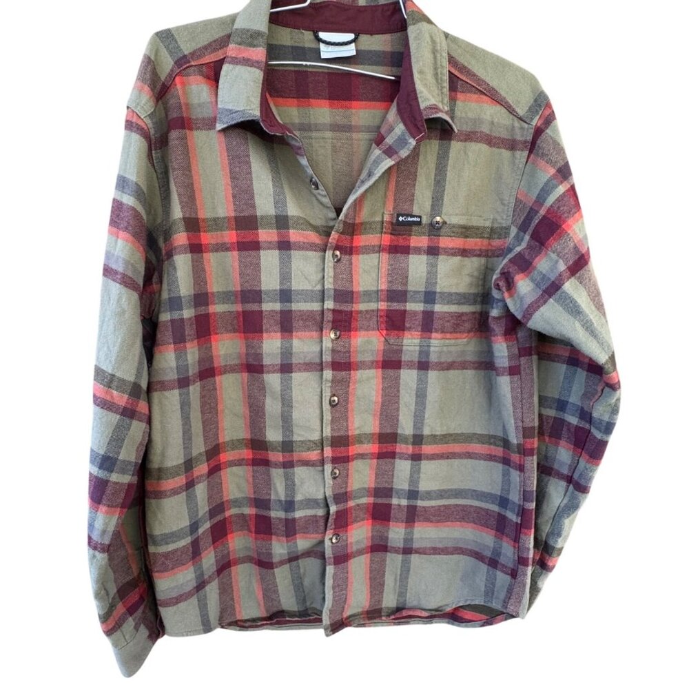Columbia Mens Plaid Long Sleeve Button-Up Shirt L Green & Red